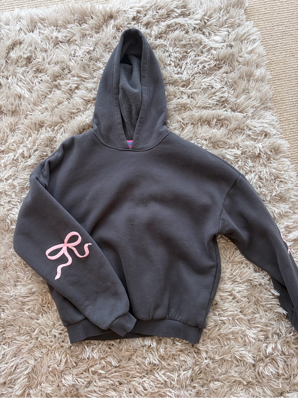 Charcoal Hooded Women's Sweatshirt with Pink Bow Accent